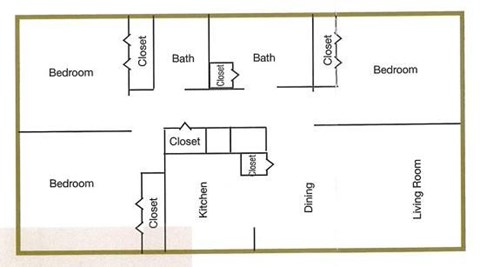 Floor plan for 3 beds, 2 baths, 1010 sqft